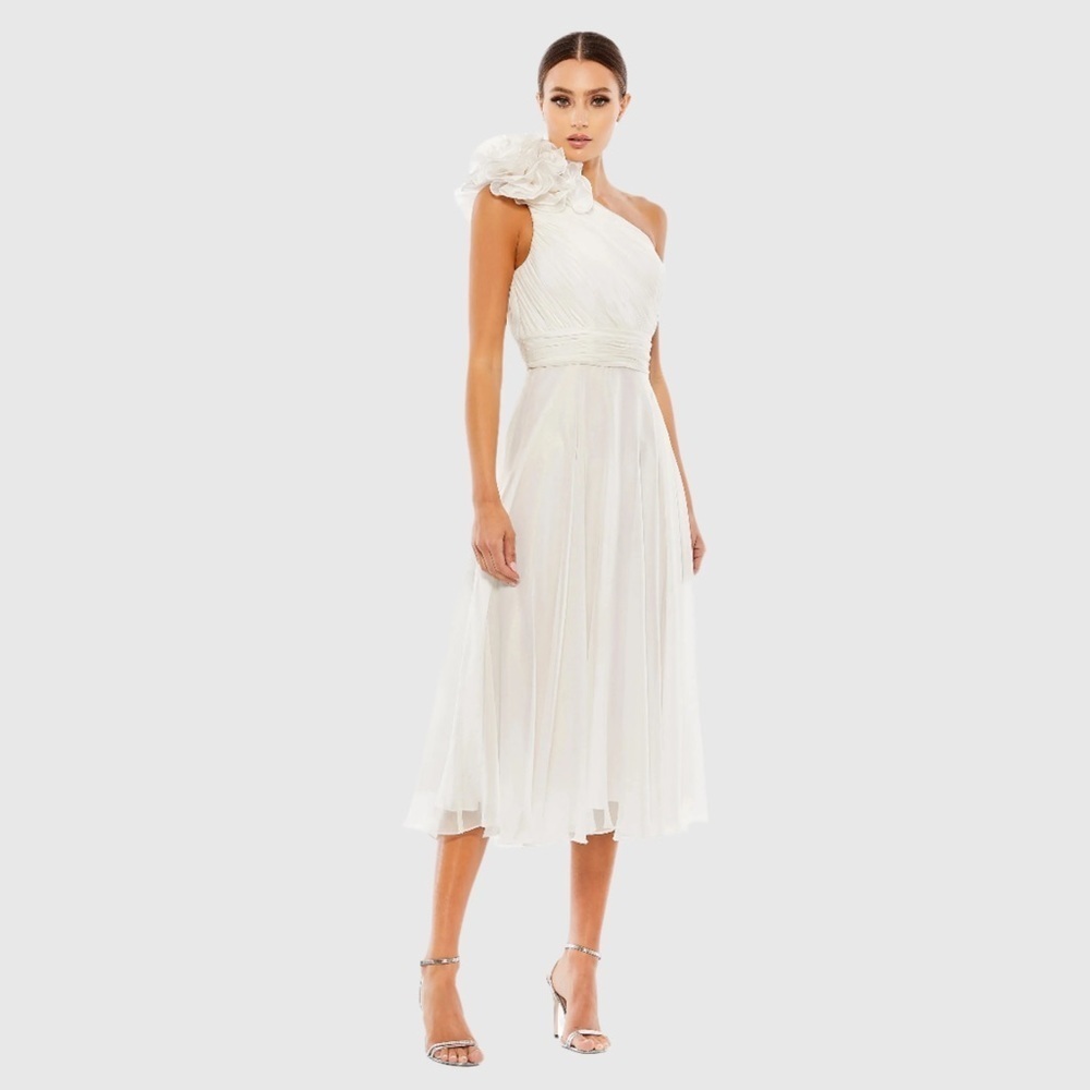 MAC DUGGAL 49491 NWT White Rosette One Shoulder Tea Length Dress